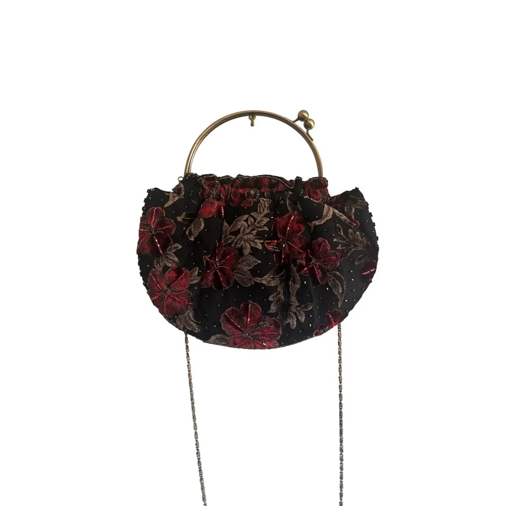 Vintage Style Black Velvet Floral Beaded Evening Bag Red Flower Ring Handle
